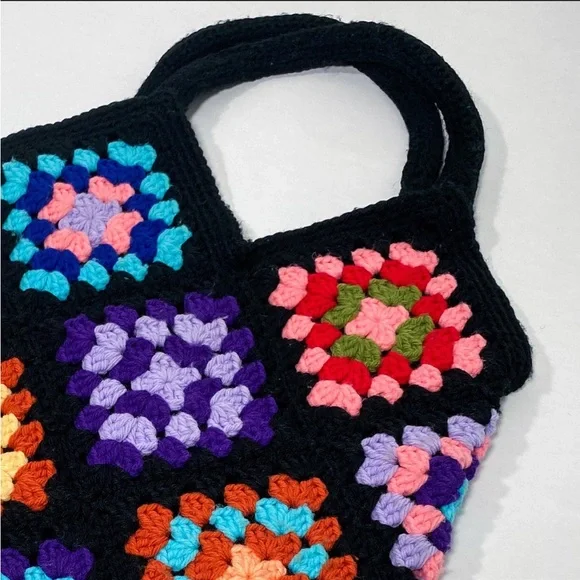 Vintage Crochet Rainbow Granny Square Small Tote Bag with Lining and Pocket - Picture 2 of 7